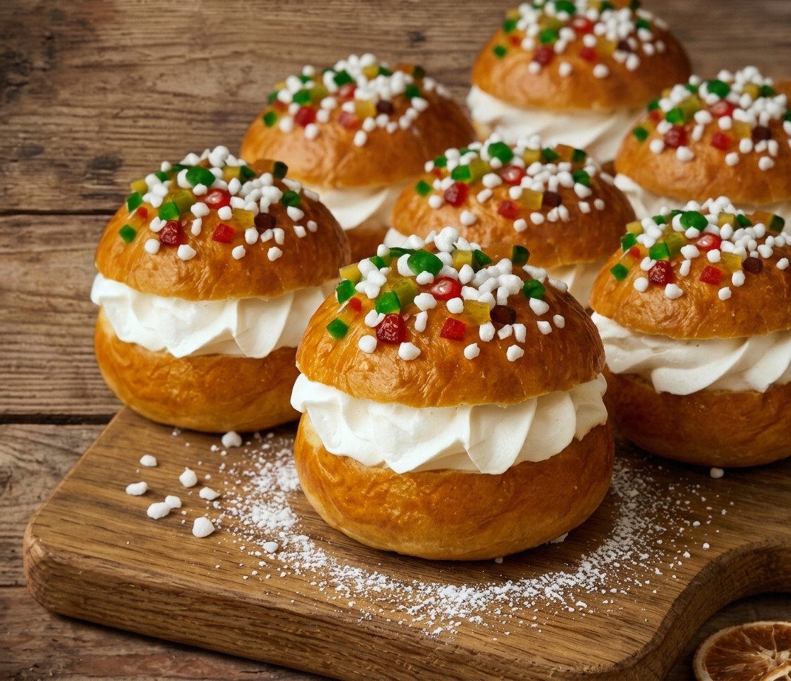 Bolas individuales de Navidad: bollos de masa de roscón rellenos de nata, decorados con fruta escarchada y azúcar perlado, sobre una tabla de madera