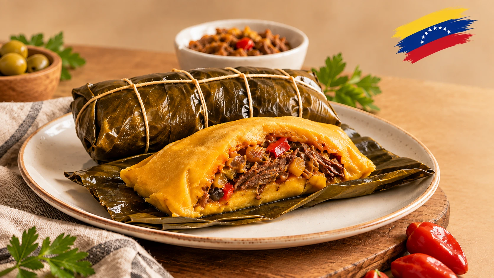 Hallacas venezolanas: una envuelta y atada en hoja de plátano y otra abierta, mostrando la masa de maíz y el guiso de carne con pimiento