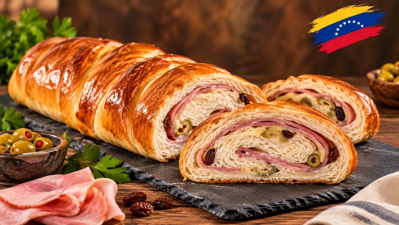 Pan de jamón venezolano recién horneado, cortado en rodajas que muestran el relleno de jamón, aceitunas y pasas