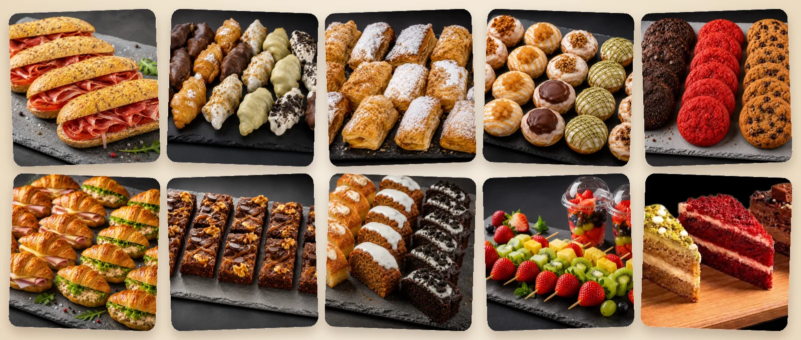Mesa llena de productos de Canel Rolls Las Tablas