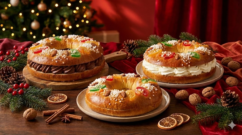 Tres roscones de Reyes decorados con fruta escarchada, almendras y azúcar perlado: uno relleno de trufa, otro de nata y otro sin relleno, en una mesa navideña