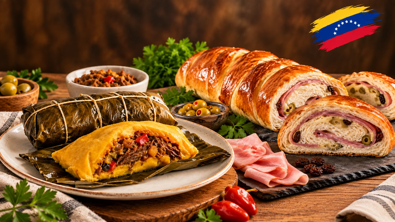 Hallacas envueltas en hoja de plátano junto a un pan de jamón cortado en rodajas, con aceitunas, pasas y jamón
